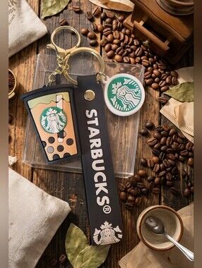 Starbucks Black Silicone Keychain with Cup & Logo Charms